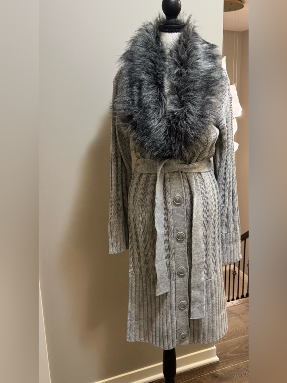 VENUS Gray Long Belted Ribbed Sweater Coat Faux Fur Collar